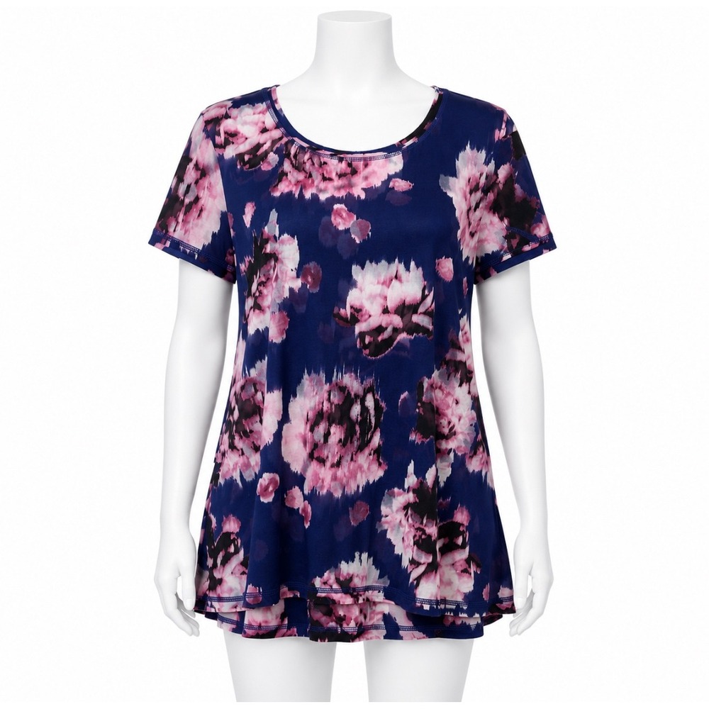 Simply Vera Wang Floral Mesh Tunic Top XL Short Sheer Sleeve Layered Purple Pink